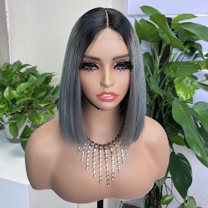 2x6 #1b/Grey Colored Straight BOB Lace Closure Virgin Human Hair Wig